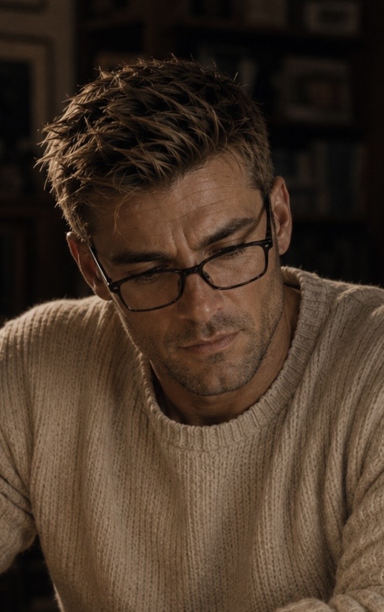 Simon Vale — at the desk, glasses on, mid-thought